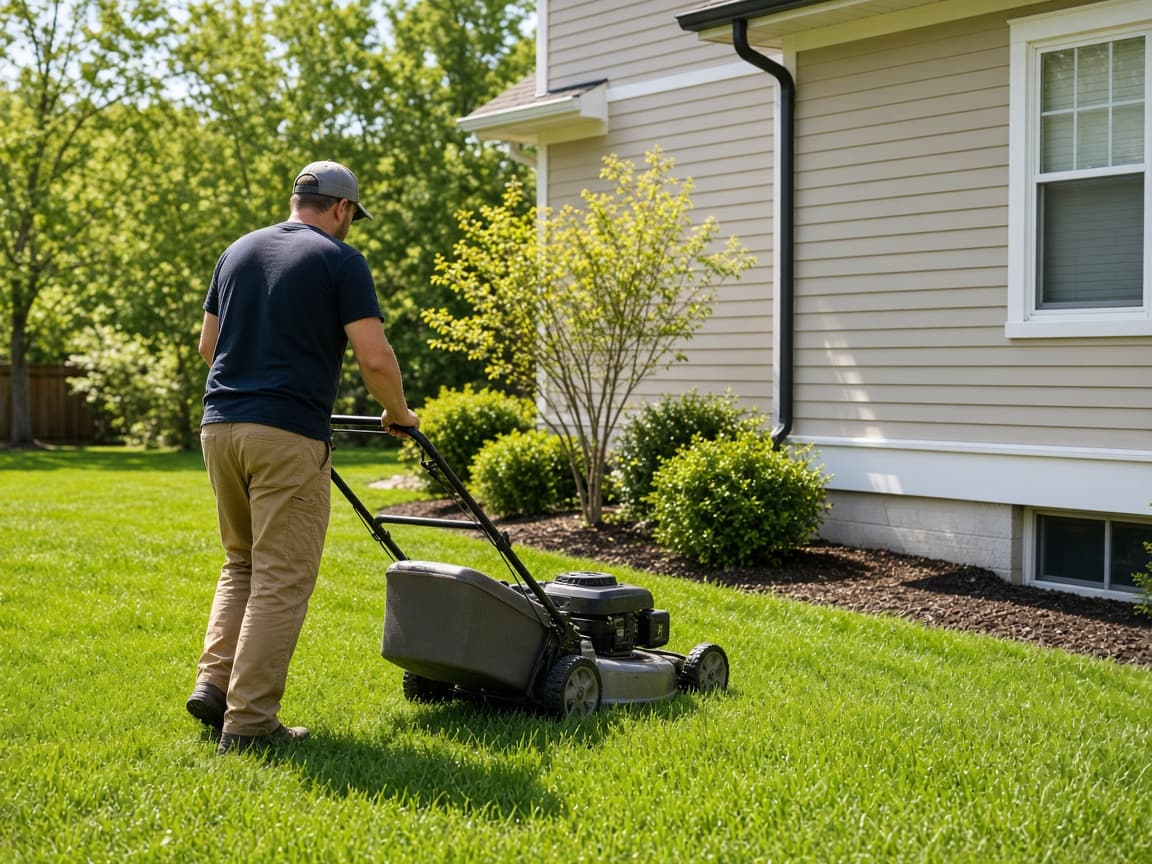 Local crew finishing lawn care on a residential property